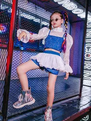 ZZL Urban Dance Children Clothes Fashion K-pop Stage Outfits 2 Pcs Sequin Blue and White Costume Jazz Dance Catwalk Performance