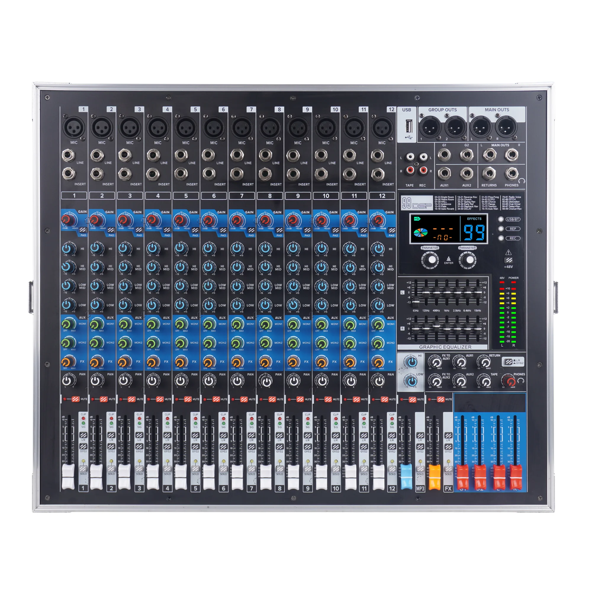 

Professional 12-channels Power Mixer Amplifier 4X1200W Suitable for DJ Stage Performances Audio Sound Card 99DSP Digital Effects