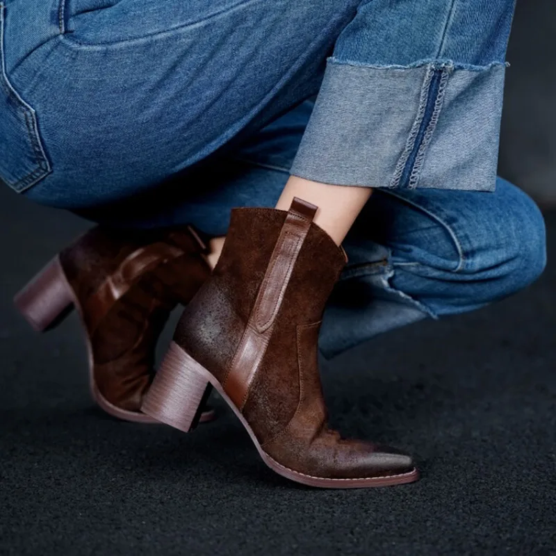 

Ботильоны на высоком каблуке в британском стиле в стиле ретро, женская обувь, женские ботинки «Челси» из натуральной кожи с квадратным носком, осень-зима