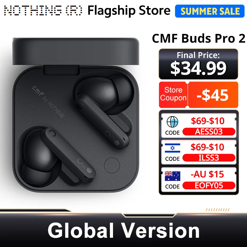 Versión Global Cmf By Nothing Buds Pro 2 Auricular Bluetooth 5.3 IP55 con cancelación activa híbrida de ruido de 50 dB 6 MICS HD