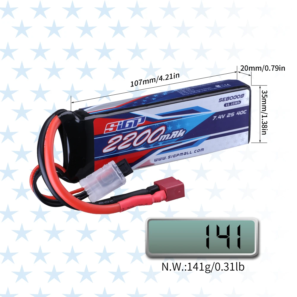 SIGP 2S Lipo Battery  for 2200mAh 40C with T Plug Fast Heat RC Vehicles Car Tank Truck Boat Truggy Racing Model Hobby 2Packs