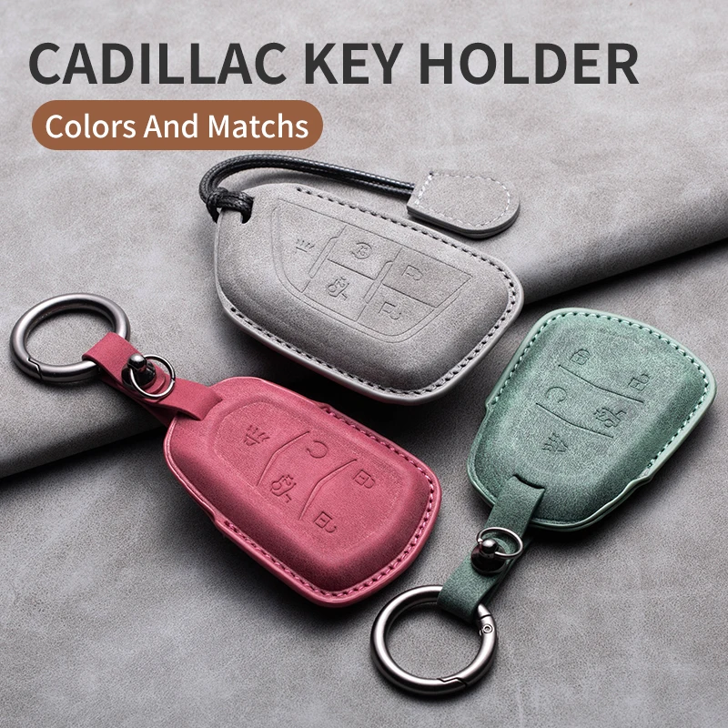 Leather Car Key Case 3D Suede Engraving For Cadillac Escalade STS ELR CTS XTS ATS ATS-L XLS SRX 2015 28T CTS-V CT6 CT4 CT5 XT5