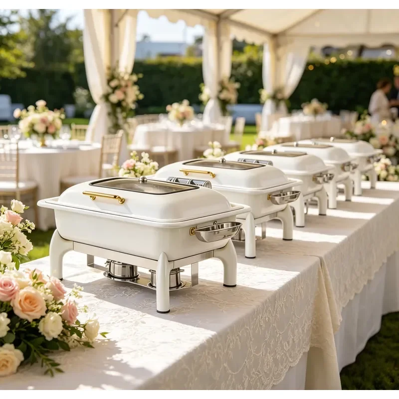 9L White Hydraulic Heating Pot Stainless Steel Buffet Warmer Heavy Duty Alcohol Fuel Food Heater for Wedding Party Catering