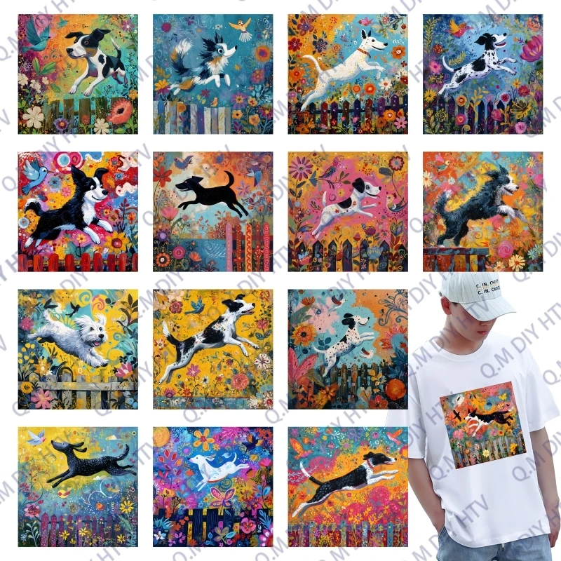 Artistic Oil Painting Cartoon Animal Heat Transfer Stickers Happy Puppy Hot Press Printing T-shirt Bag Pillow Decoration DIY