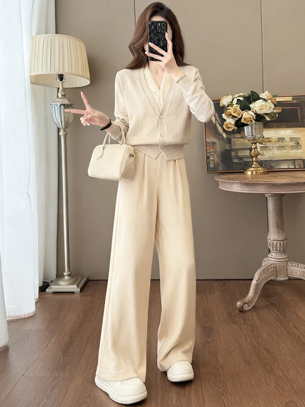 

Fashionable V-Neck Korean Style Women's Top And Wide Leg Pants Two-Piece Set Commute Wear Elegant Autumn Winter Outfit