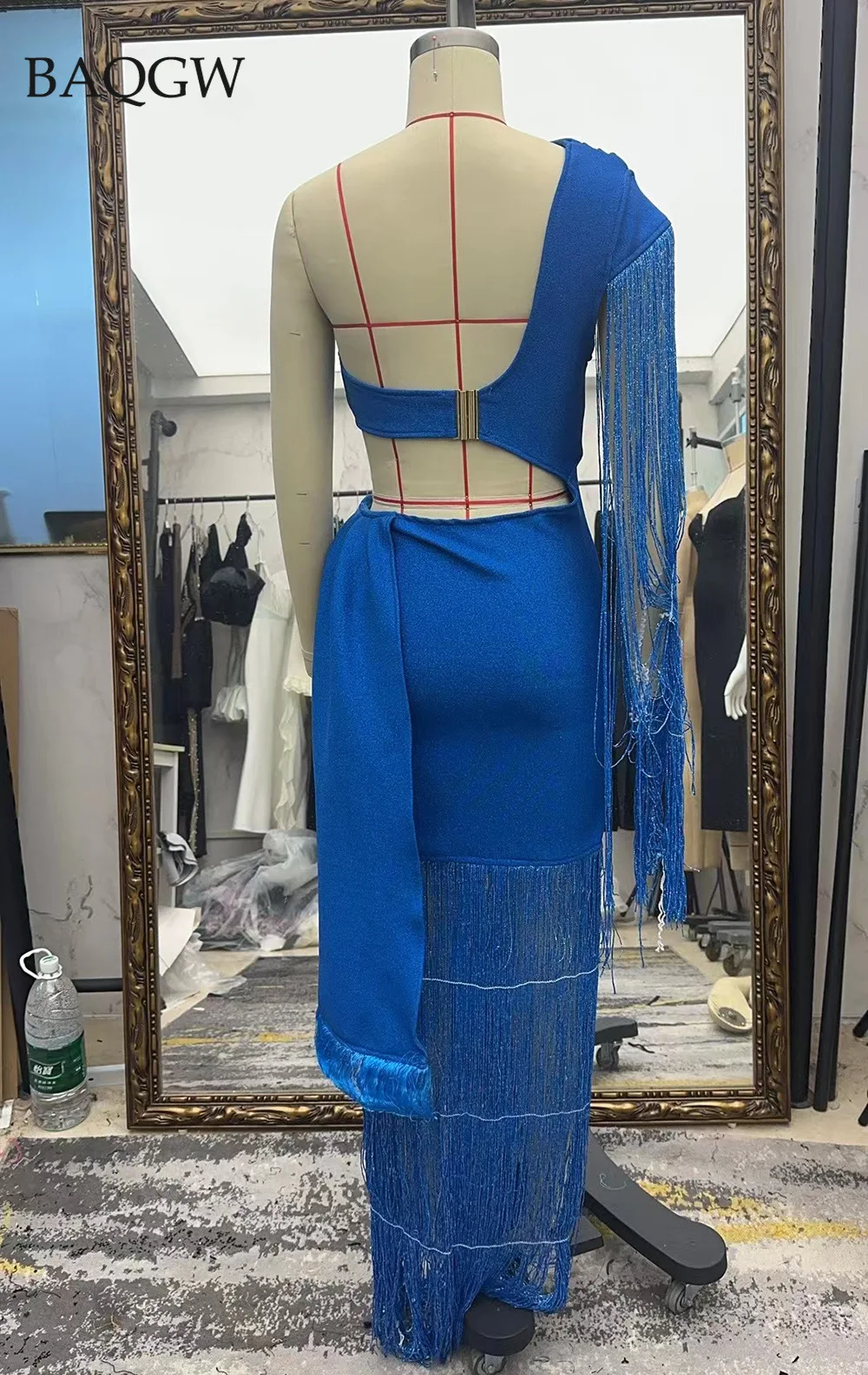 2024 New Women Blue Sexy Hollow One Shoulder Tassel Design One Shoulder Long Bandage Dress Elegant Celebrity Party Luxury Dress