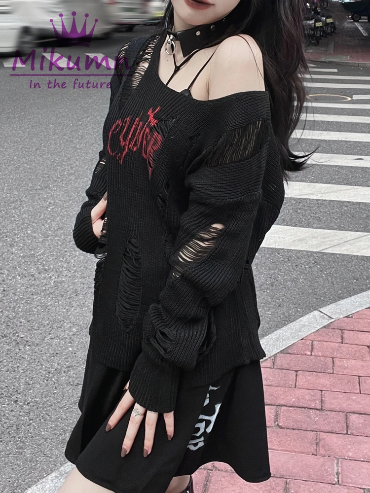 Punk Rock Broken Sweater Y2k Aesthetic Gothic Letter Printed Black Sweater Long Sleeve Hollow Out Knit Pullover Chic Streetwear