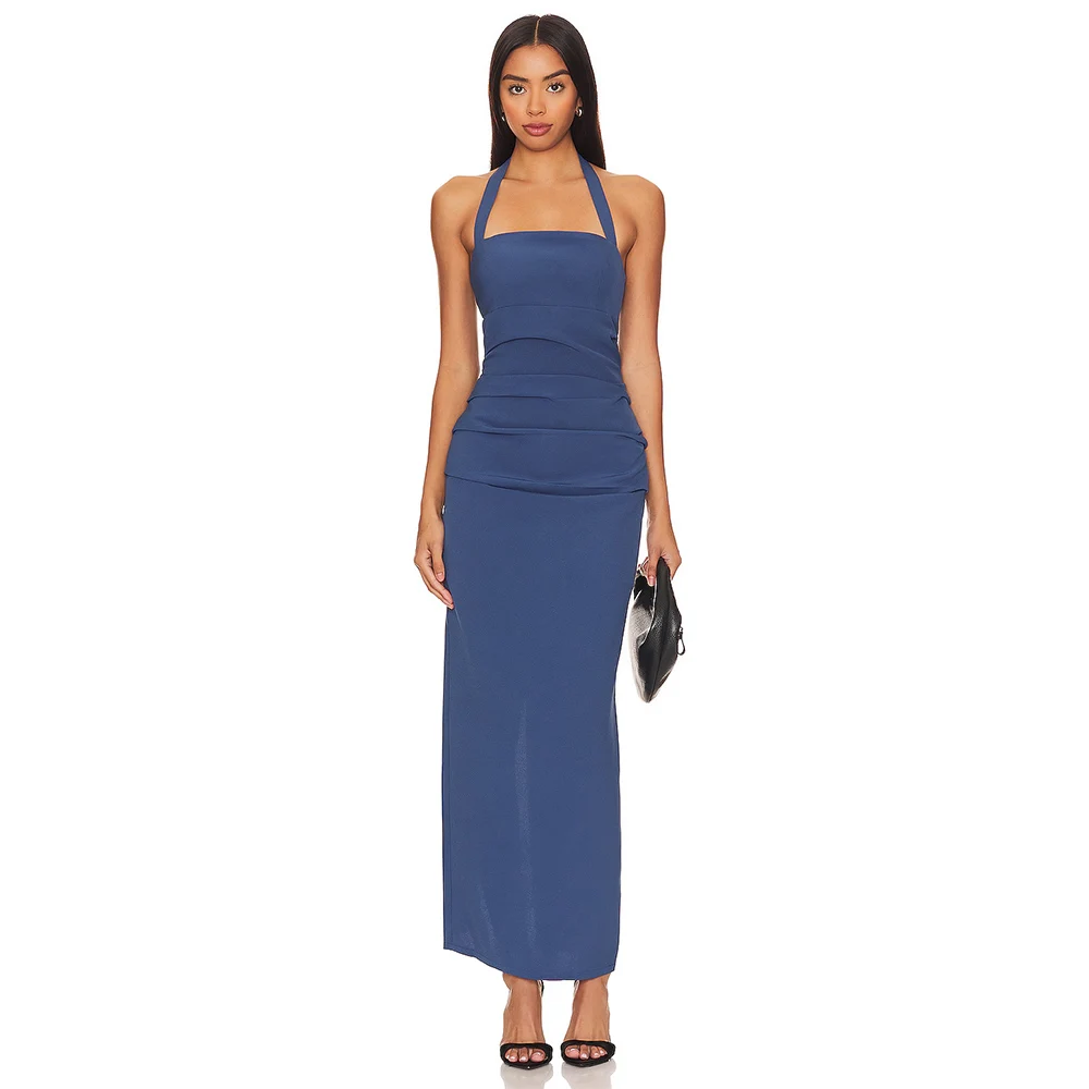 

Classic Ceremony Dresses Jersey Sheath/Column Evening Dress Dark Royal Blue Halter Pleat Elegant Beach Gown Maxi 2024