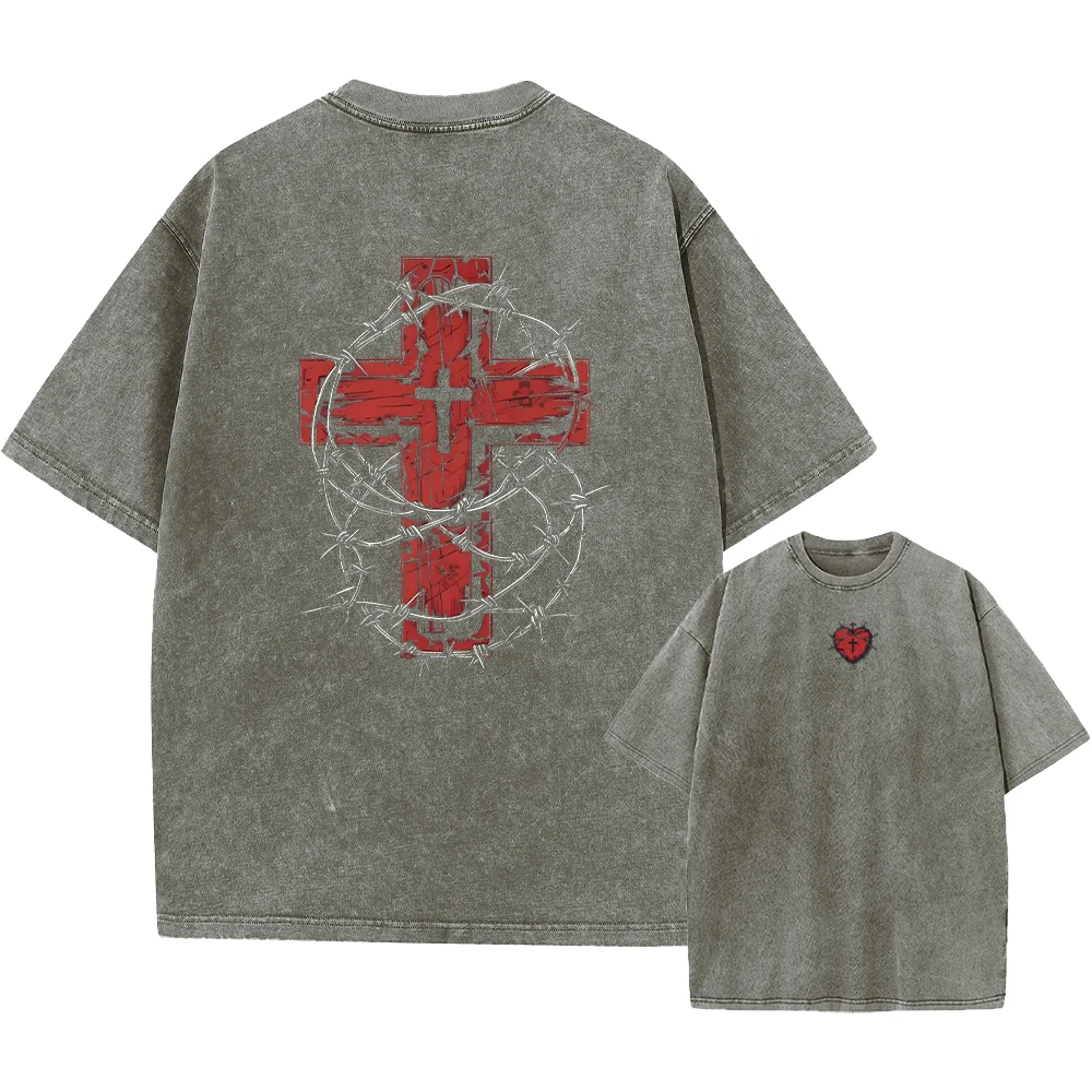 Men's Thorn Cross Print Washed T-Shirt Comfortable Pure Cotton Crew Neck Short Sleeve Street Hip Hop Fashion Base Shirt