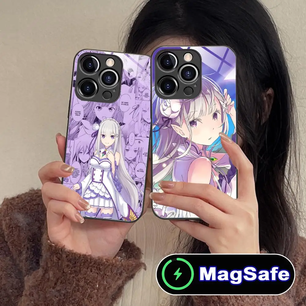 حافظة هاتف محمول ReZero Emilia Waifu لهاتف iPhone 17 16 15 14 13 12 11 Pro Max Plus Mini MagSafe غطاء ملون زجاجي فاخر جدًا