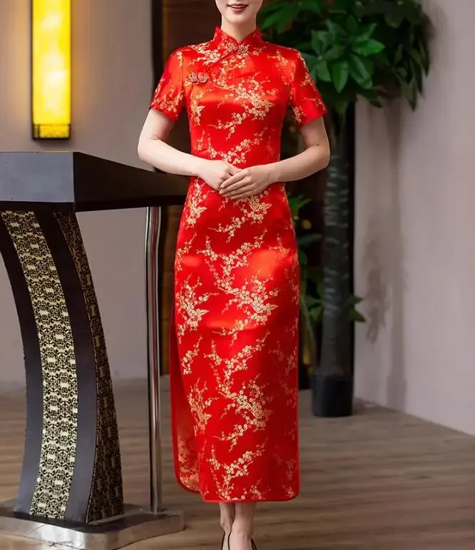 Chinese Cheongsam Dress Women Red Work Welcome Guests Hotel