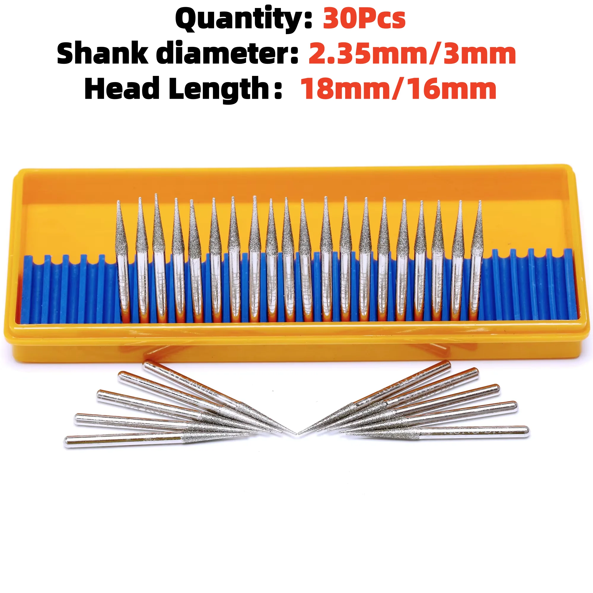 30Pcs 2.35mm/3mm Shank Diamond Rotary Burr Bits Set Tapered Point Grinding Head for Dremel Glass Stone Jewelry Lapidary Carving