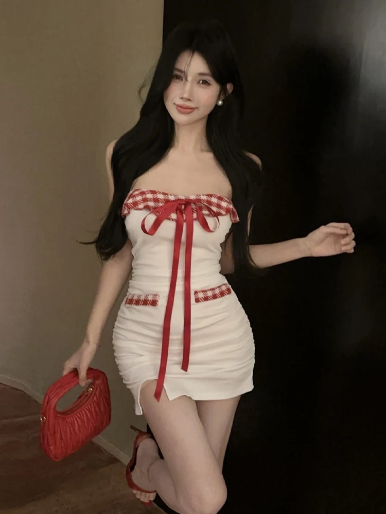 

Sexy Retro Plaid Strapl Dr with High Waist And Side Slits for Young Women ort Svel H-ape Pure Desire