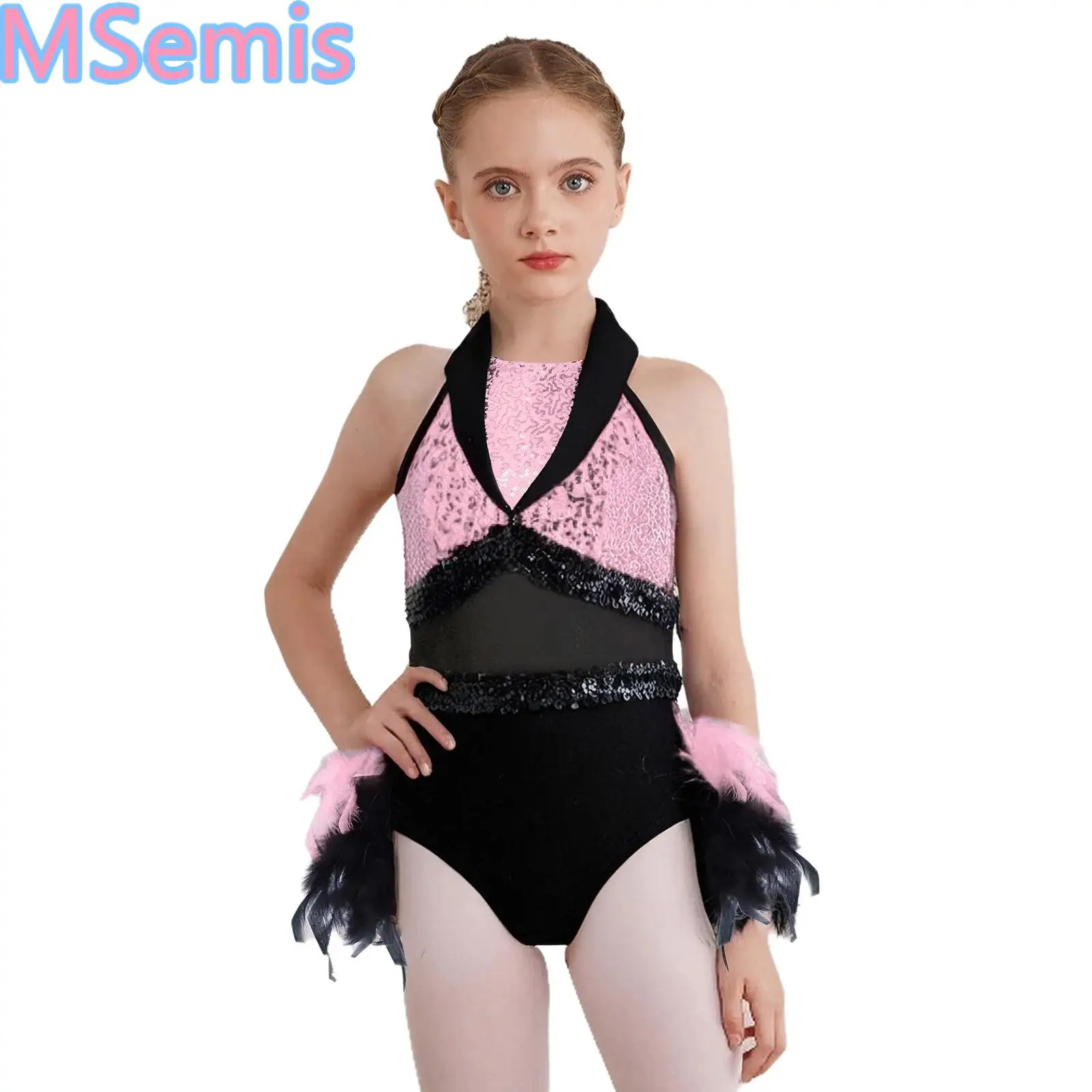 

Girls Sequin Jazz Dance Dress Gymnastics Ballet Dance Leotard Figure Skating Sleeveless Sheer Mesh Feather Tutu Skirted Bodysuit