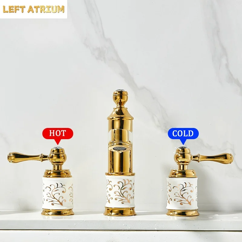 Retro-Style, Luxury-Inspired Gold Three-Hole Basin Tap with Separate Hot and Cold Water Handles