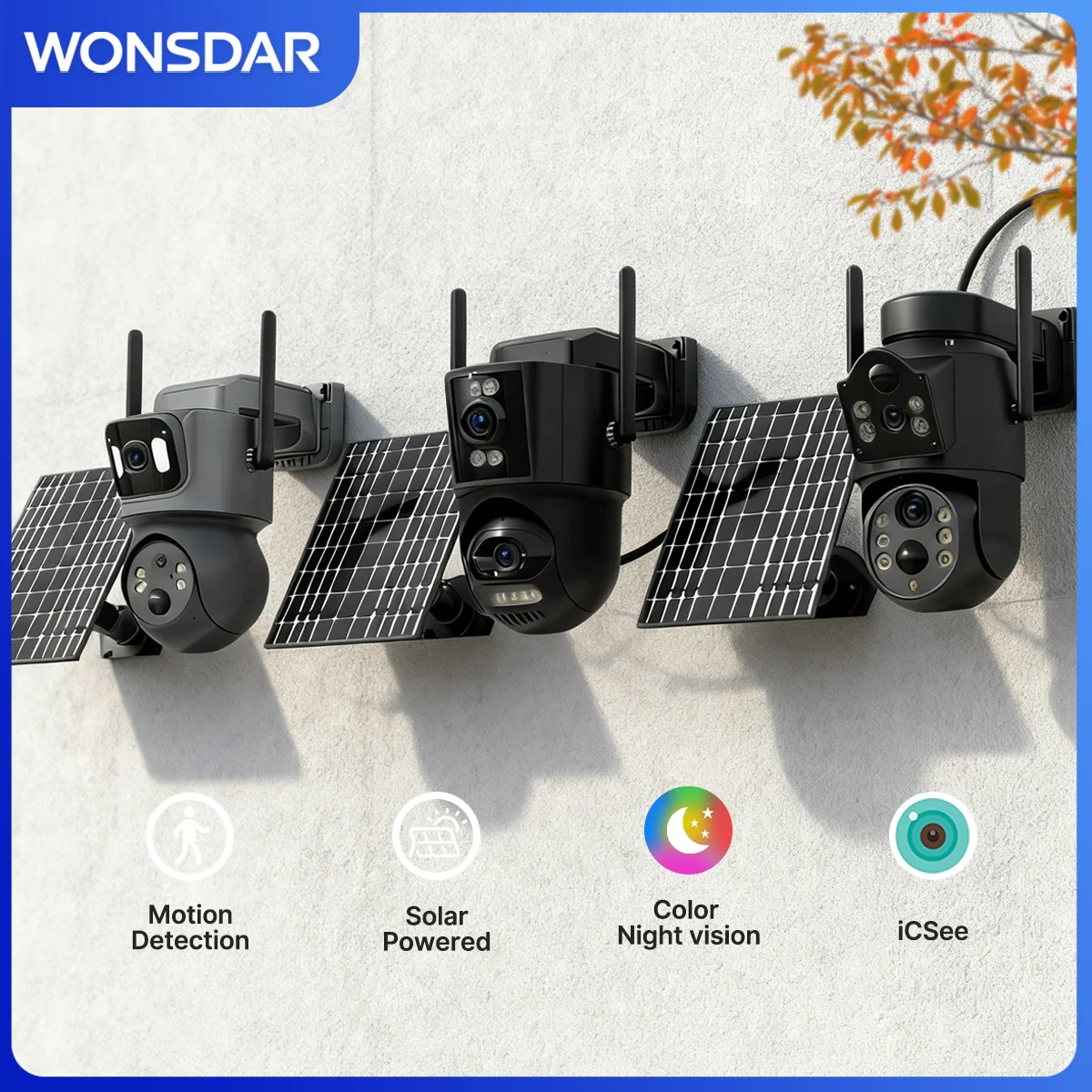 

WONSDAR PTZ Solar Camera Dual Lens Dual Screen 2.4GHz WiFi Camera Outdoor Built-in Battery Surveillance Long Time Standby iCsee