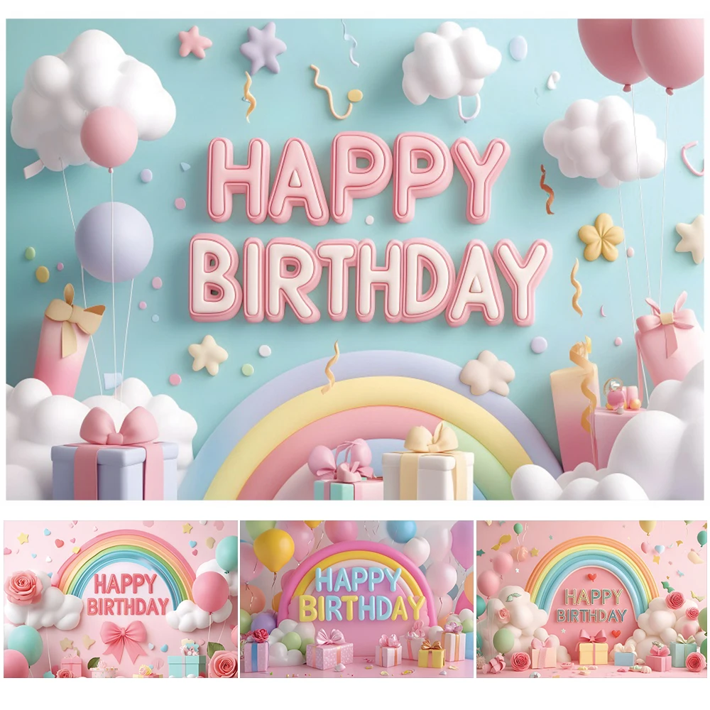 3D Balloon Rainbow Happy Birthday Party Backdrop Newborn Girl Boy 1st Birthday Colorful Balloon Arch Gift Photography Background