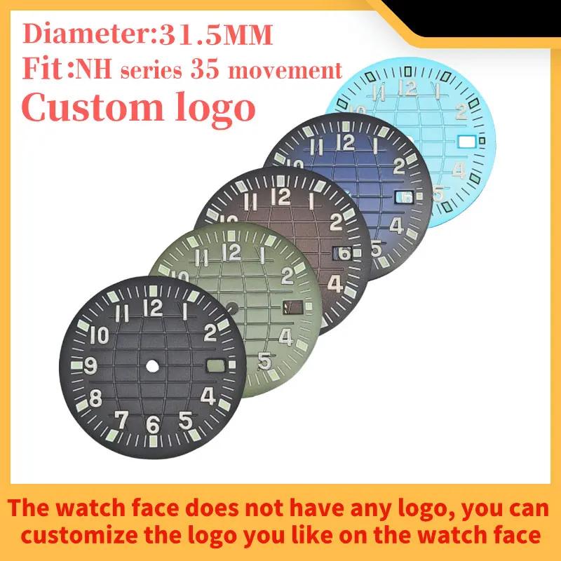 31.5mm Hand grenade pattern no platform Super green glow in the dark watch for NH series 35 movement blue coffee watch parts