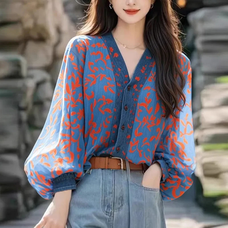 Women's Clothing Stylish Print Patchwork Button Up Shirt Elegant Chic Sweet Fairy Blouse Casual V Neck Lantern Long Sleeve Tops