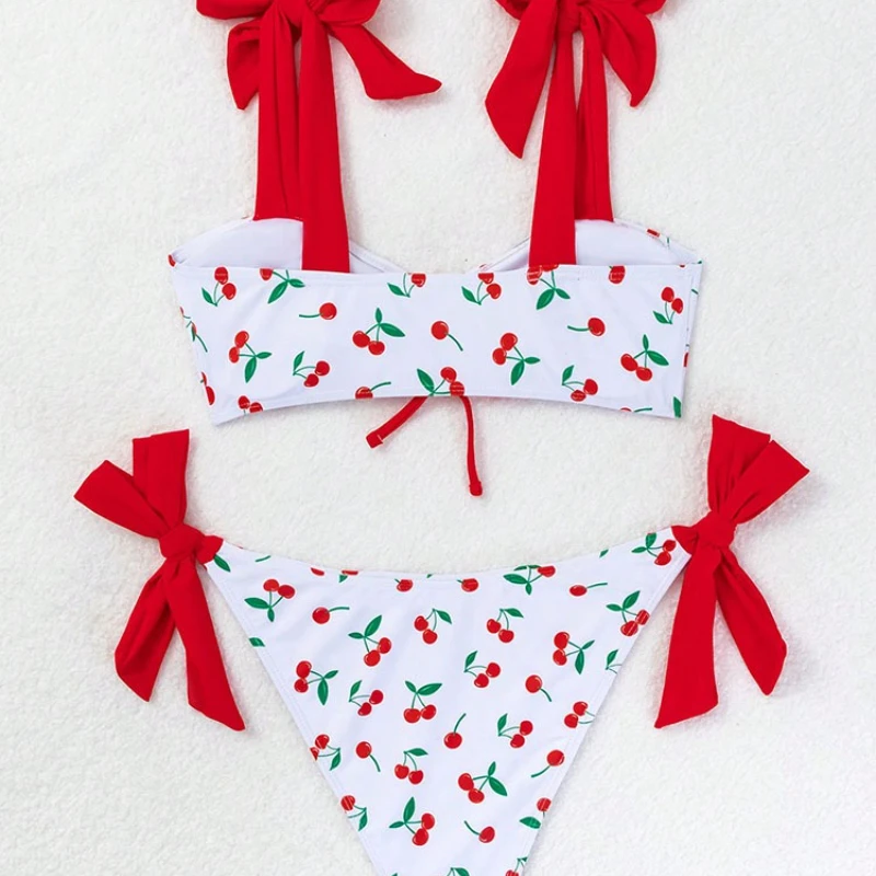 Biquíni branco fofo com cadarço, duas peças, alça espaguete, maiô com estampa cereja