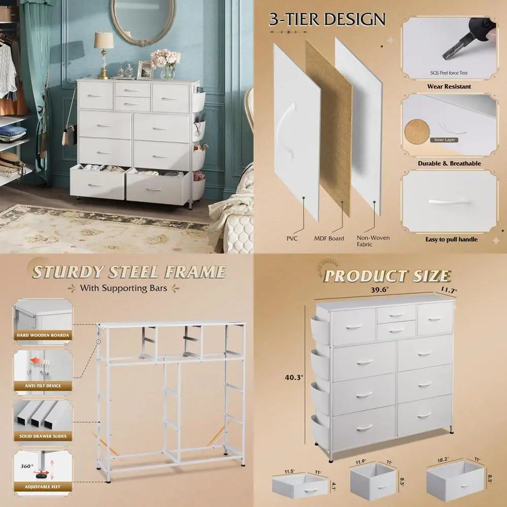 

White Dresser with 10 Drawers, Chest of Drawers with Side Cabinets and Hooks, Storage Drawers, Sturdy Metal Frame, Organizer Uni