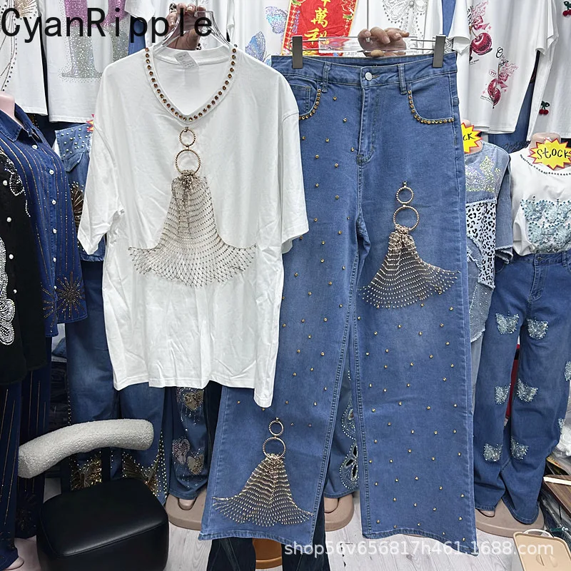 

2026 New Spring Summer Women Two-piece Set Mesh Diamonds White Short Sleeve T-shirt Top + High Waist Wide Leg Blue Denim Pants