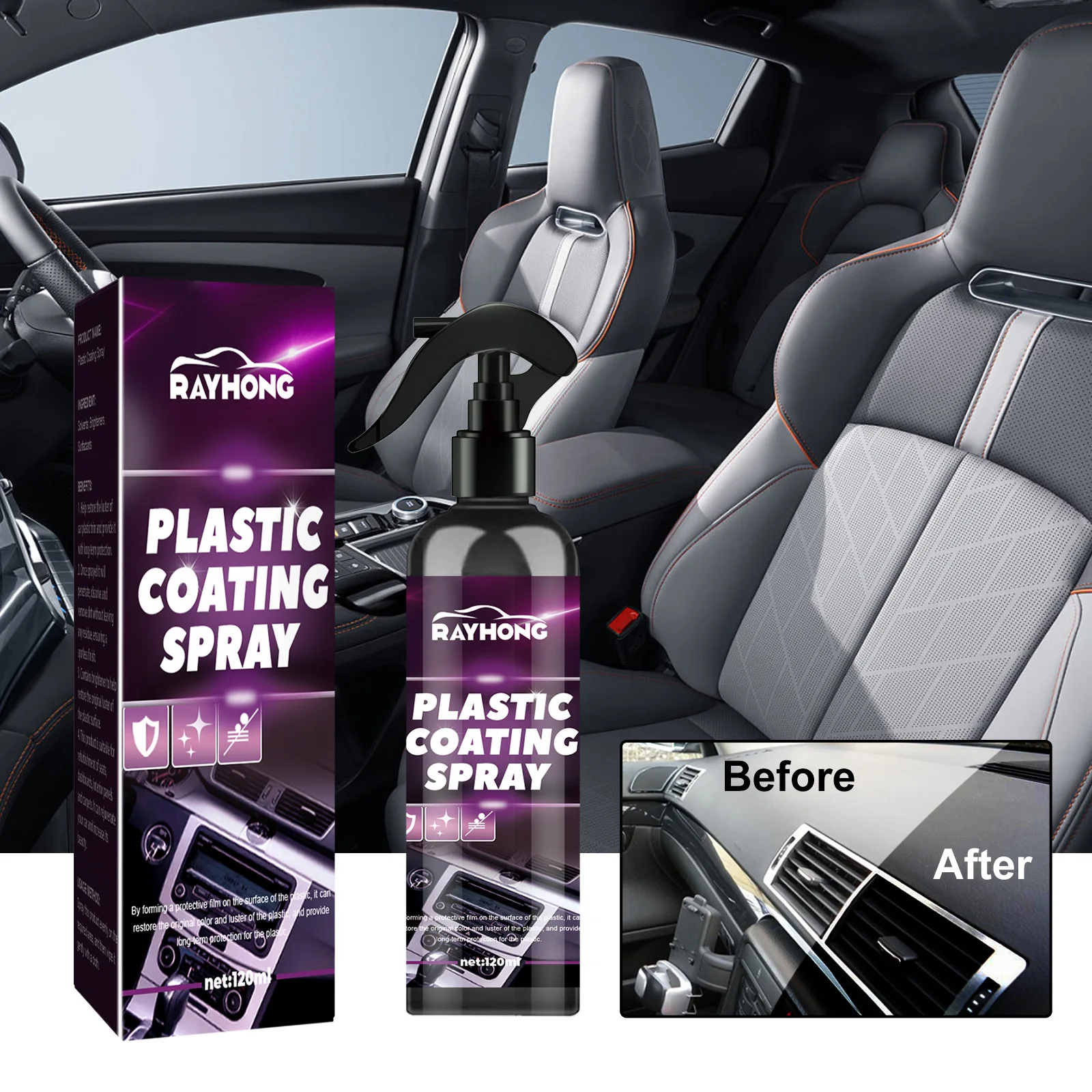 

120ml Car Plastic Restorer Spray - Clean & Protect Dashboards, Seats & Trim, Helps Restore Shine & Prevent Fading