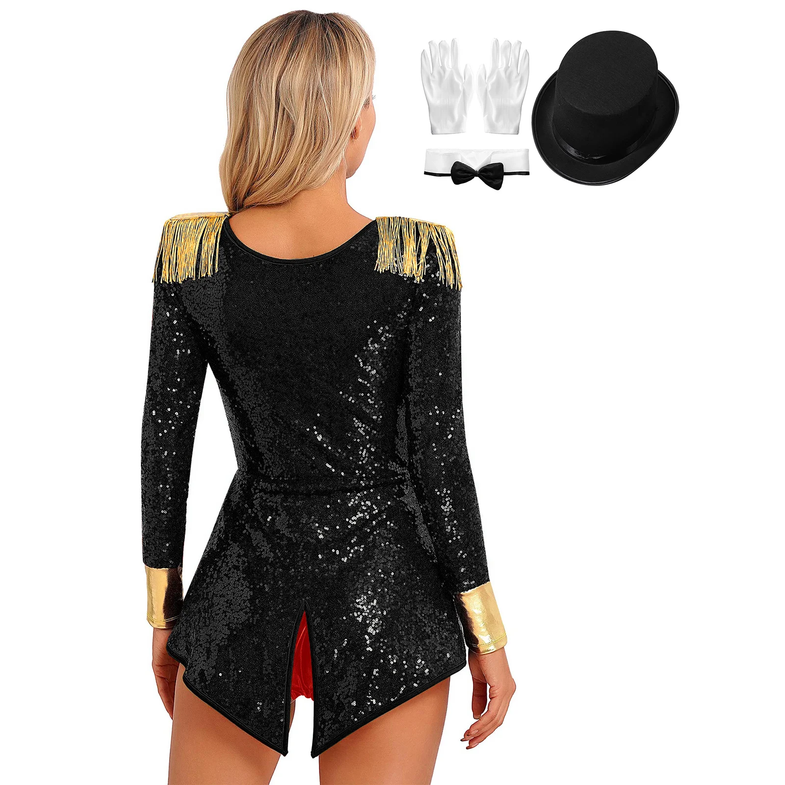 Women's Ringmaster Costume Circus Ring Leader Tassel Leotard Bodysuit Outfit Master Lion Tamer Set for Stage Shows Fancy Dress