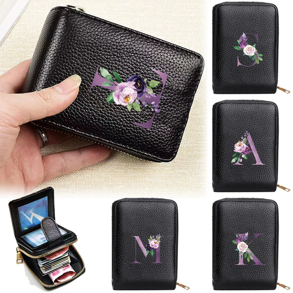 

Women Wallet Vintage Zippered Card Holder Multi-Card Slots Leather Coin Purse Purple Letter Pattern Coin Clip Bag Money Clip