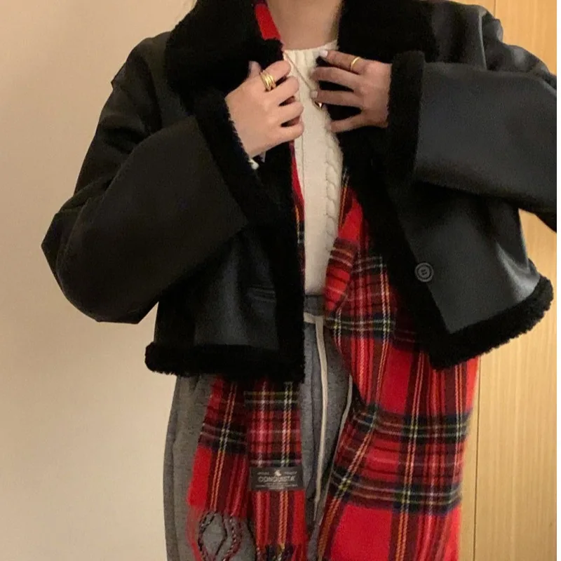 Abrigo de invierno elegante coreano Sle ort de piel de cordero Jaet holgado con cuello hasta Faionable Retro todo fósforo largo Sve