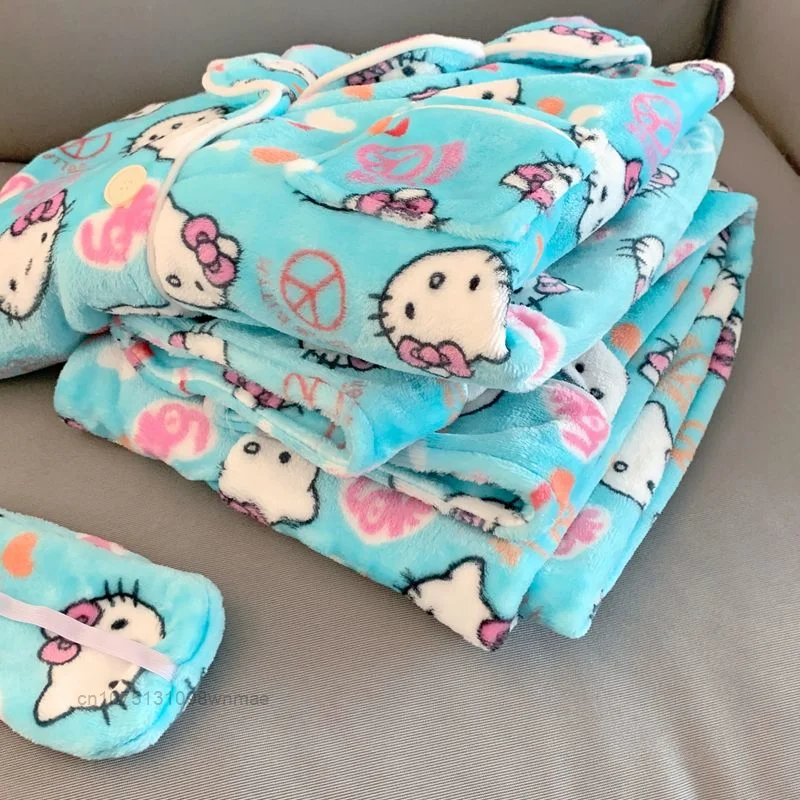 Sanrio Cute Hello Kitty Coral Fleece Plush Pajamas Set Women\'s Autumn and Winter Pijama Thickened Flannel Home Furry Set Clothes