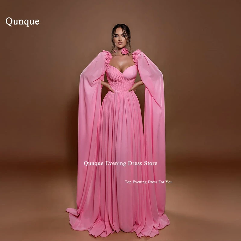 

Qunque A-line Chiffon Pleated Evening Dresses With Shawl Sleeves Flowers Event Dresses Long Fuchsia Party Dresses Customized