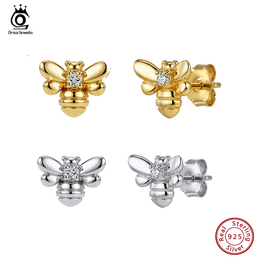 

ORSA JEWELS Exquisite 925 Sterling Silver Little Bee Zircon Earrings for Women Shiny Cubic Zirconia Stud Earring Jewelry APE155
