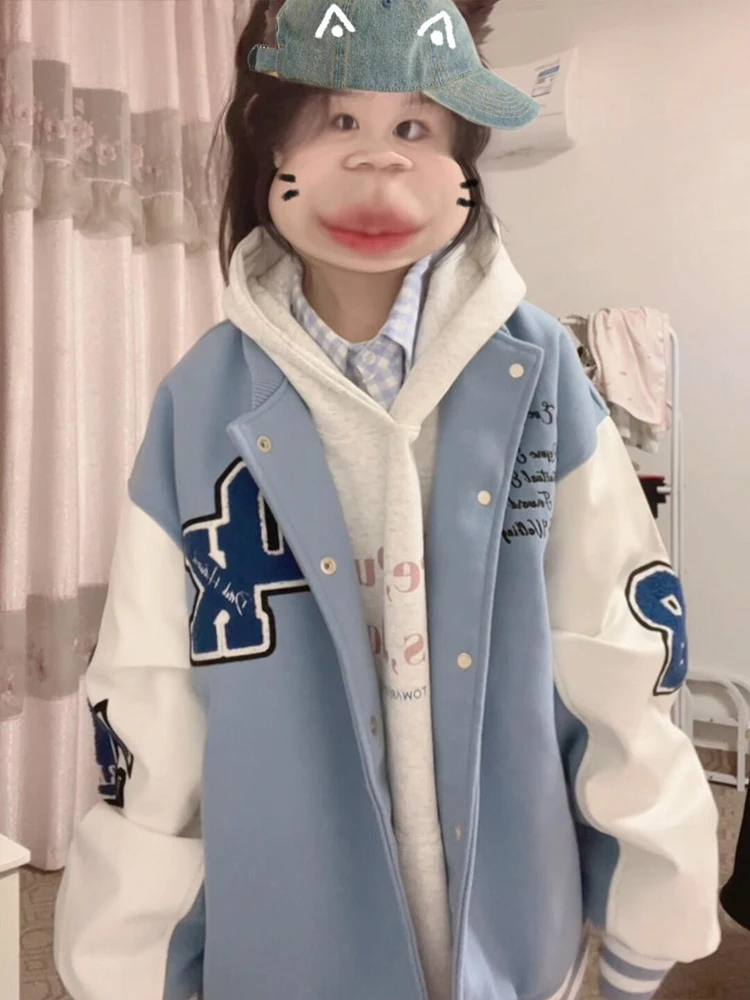 

American High Street Embroidered Letter Baseball Jaet Women's Spring Autumn Loose Versatile Color Blo College Sle Coat