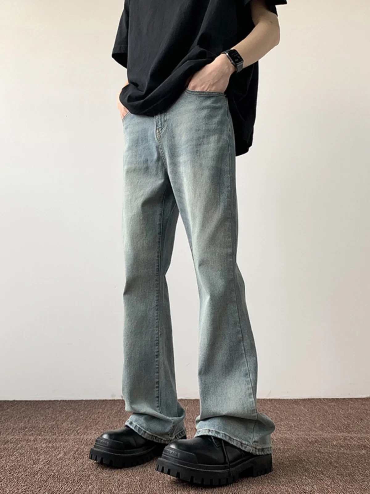 

Синие летние тонкие джинсы прямого кроя в американском стиле High Street, расклешенные брюки Cleanfit Haome для мужчин, молодежные, модные, удлиненные