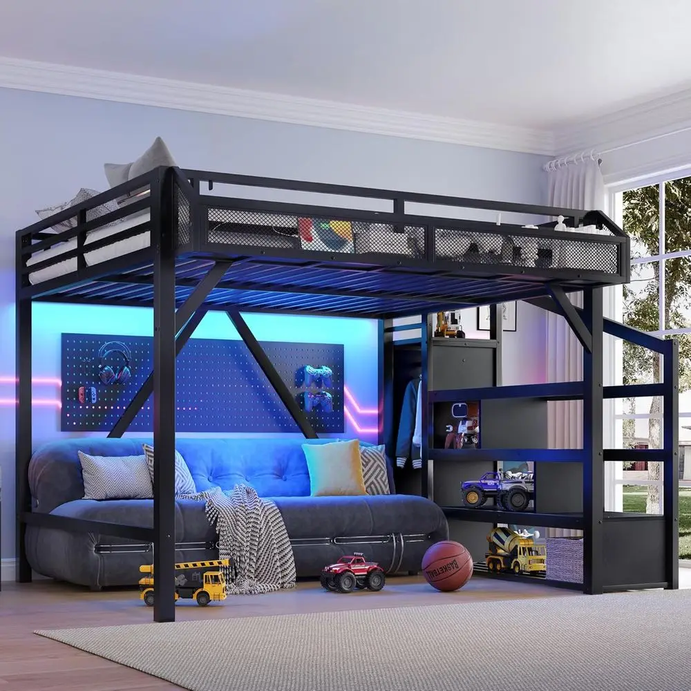 

Металлическая игровая кровать размера Queen с лестницей, светодиодной подсветкой, USB-портами и полками для хранения - идеально подходит для взрослых, подростков и детей, черная.