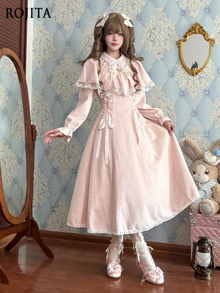 

Sweet Pink Princess Dress Gentle Sweet Cape Dress for Women Autumn New Noble Style Elegant Lace Patchwork Tie-Waist Long Dress