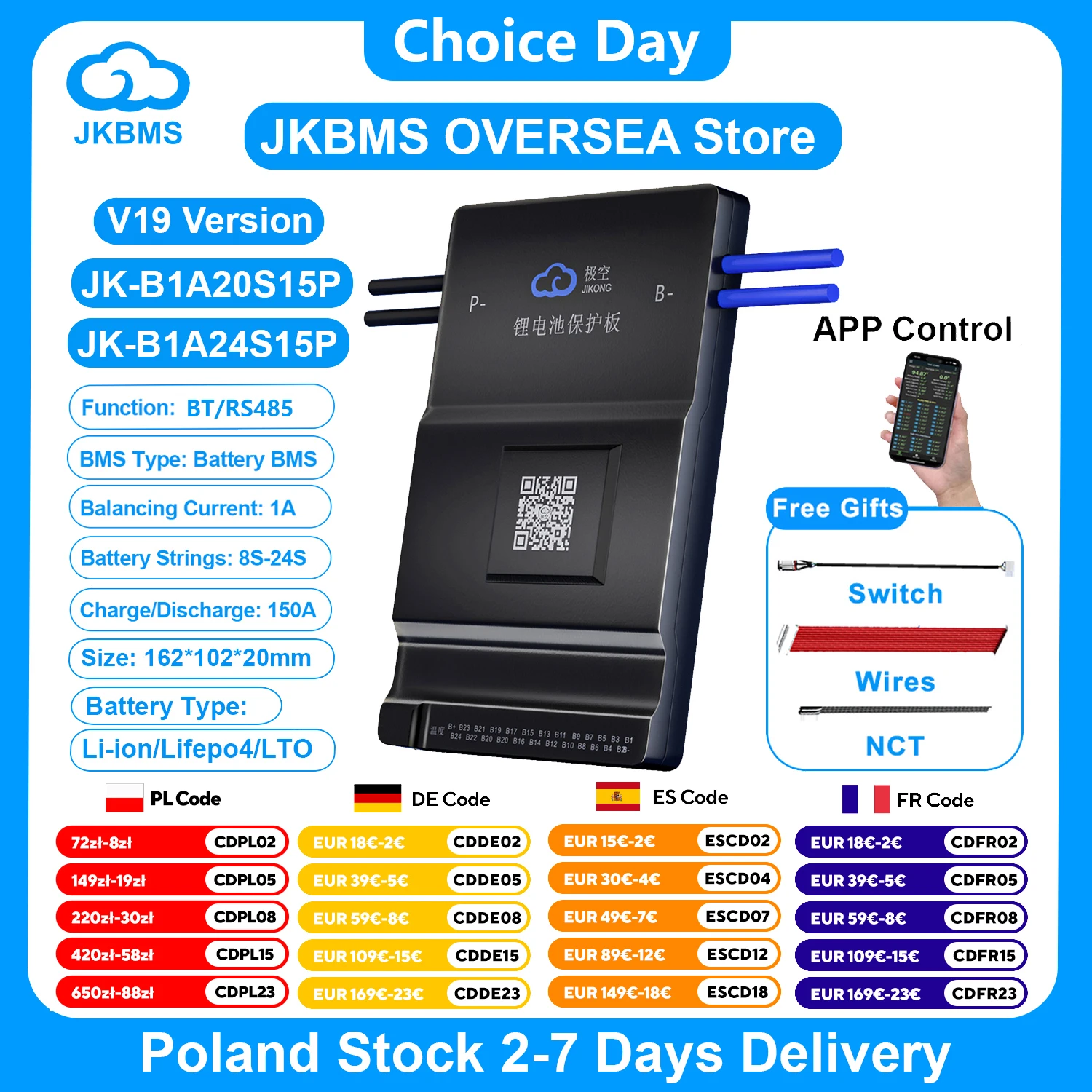 JKBMS B1A20S15P V19 Smart BMS 8S-24S Supporto BT RS485 1A Corrente 20V-100V 150A Bilanciamento attivo BMS per LiFePo4 Li-Ion Lto Batteria