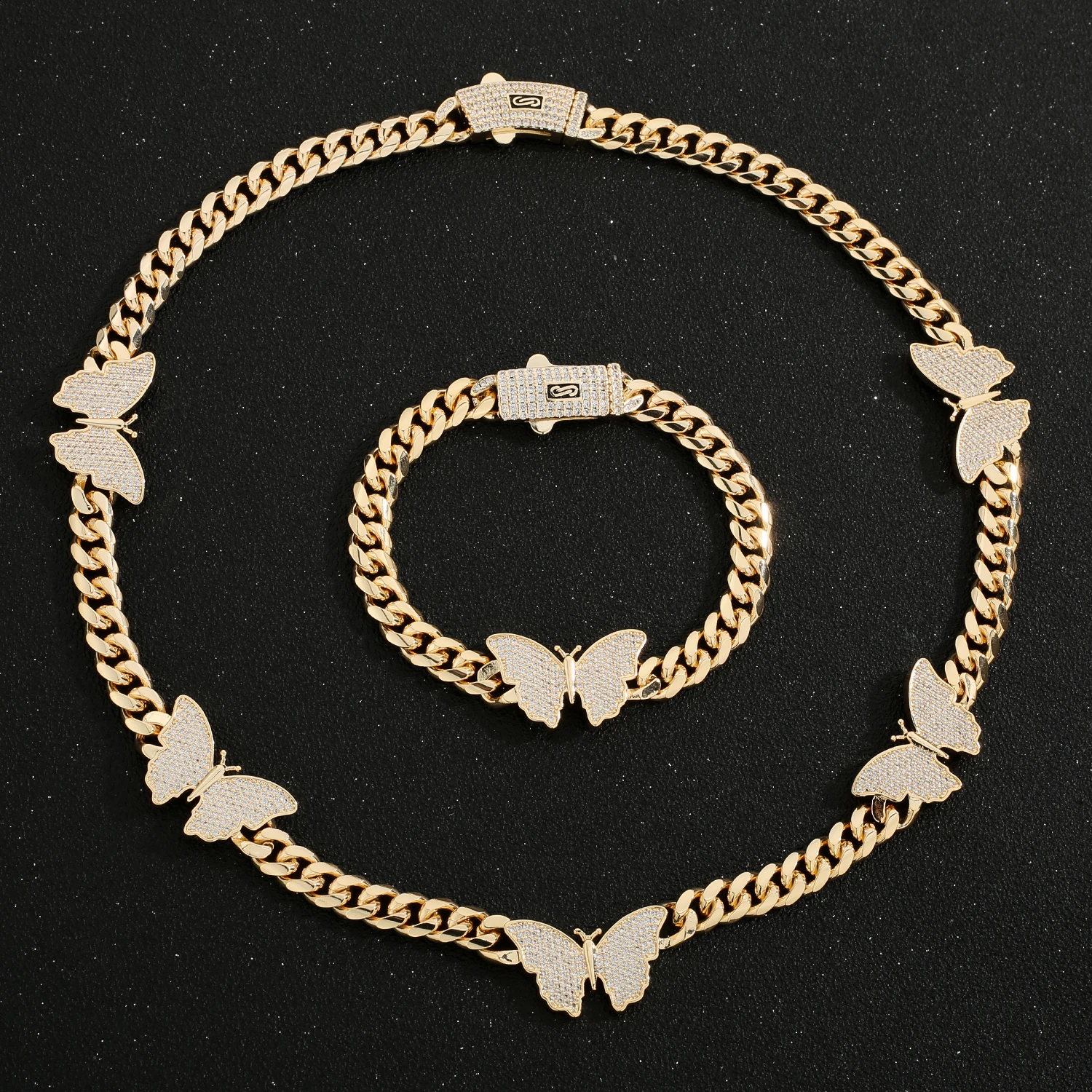 

Brand New Butterfly Monaco Chain Cuban Bracelet and Necklace Set 14k Gold Plated Copper Material Fashion Free Shipping Item