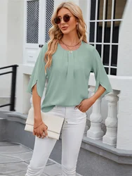 Women Spring Summer Style Blouses Shirts lady Casual Half Sleeve O-Neck Loose Green color Blusas Tops DF5005