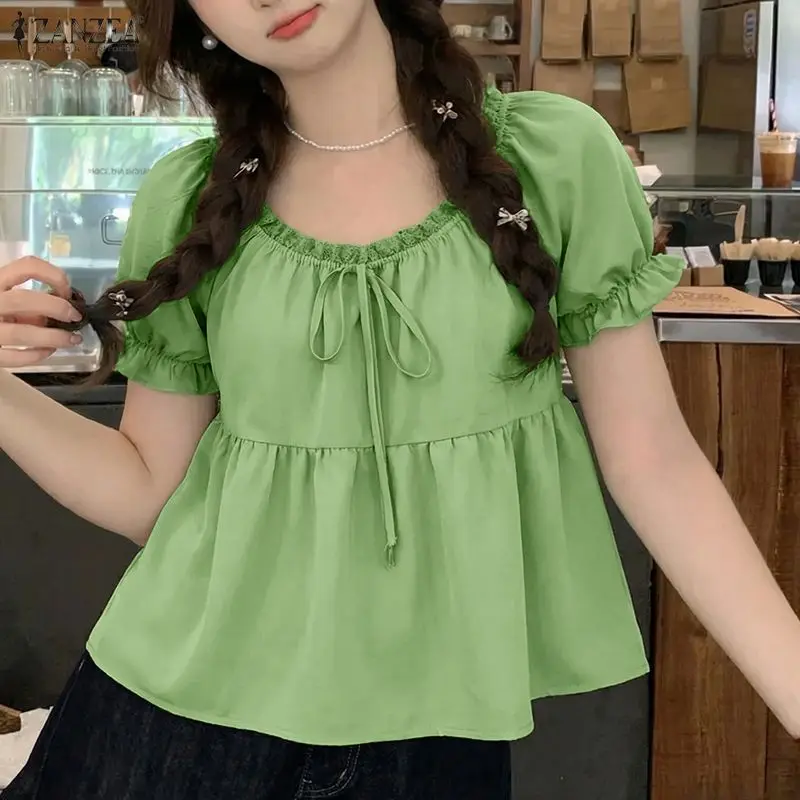 ZANZEA Damen-Babydoll-Blusen, süße Spitzenbesätze, O-Ausschnitt, Schnürung, kurze Puffärmel, Sommer, lässig, locker, einfarbig, Blusas de Mujer