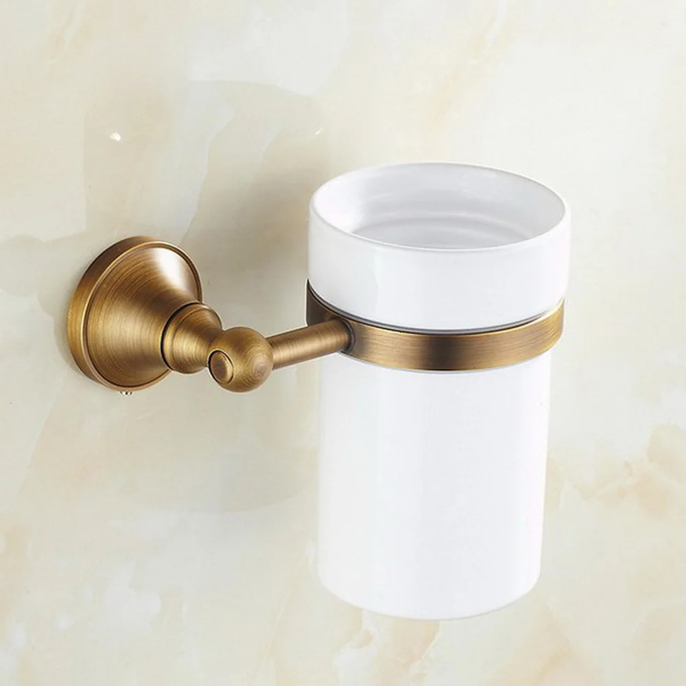 Wall Mounted Vintage Retro Antique Brass Bathroom Toilet Brush Holder Set Bathroom Accessory Single Ceramic Cup mba149