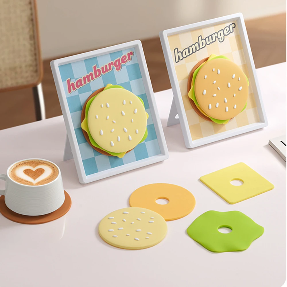 Cute Burger Silicone Coaster Set Magnetic Stackable Heat Resistant Anti-scald Cup Pad with Photo Frame Storage for Kitchen Decor