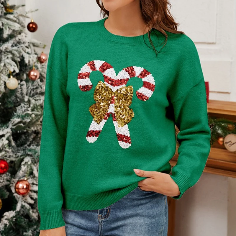 

Sequins Butterfly Print Y2k Style Knitwear Full Sleeve O Neck Warm Soft Jumpers Xmas Look Pullovers Christmas Sweaters for Women