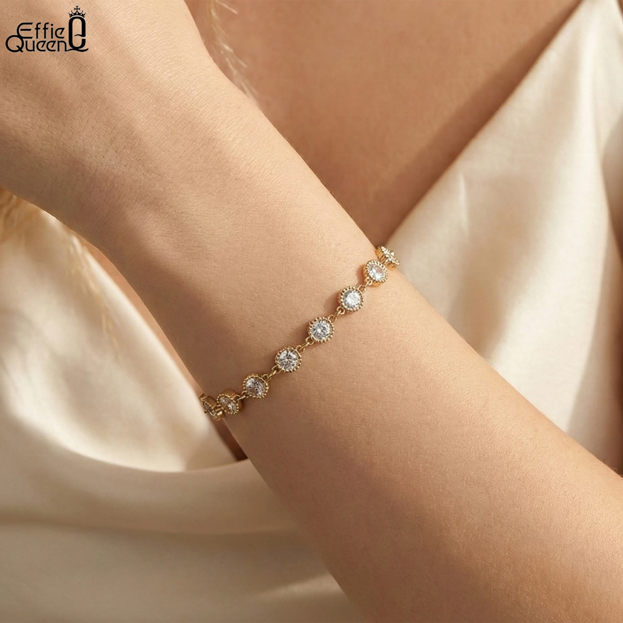 EFFIE QUEEN Stainless Steel 18k Gold Zirconia Tennis Chain Bracelet Ideal Jewelry for Women, Men Wedding Party Banquet SKTB01