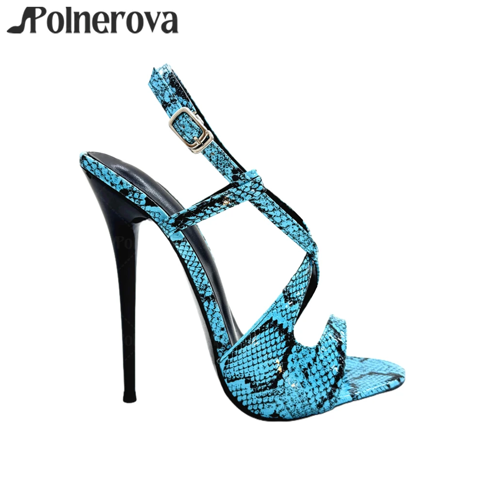 16 cm Extreme Stiletto Sandalen Schlangenmuster Peep Toe Sexy High Heels Lackabsatz Mehrfarbige Knöchelschnalle High Heels Damen Sandalen