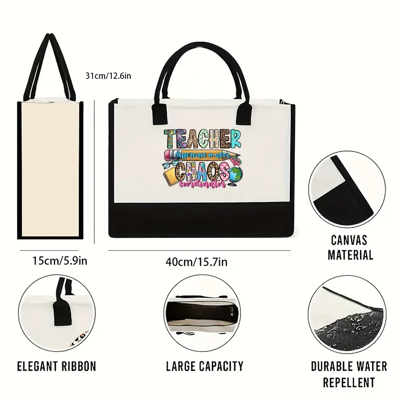 Teacher printed large capacity shoulder bag, portable canvas handbag, outdoor short distance travel shopping bag