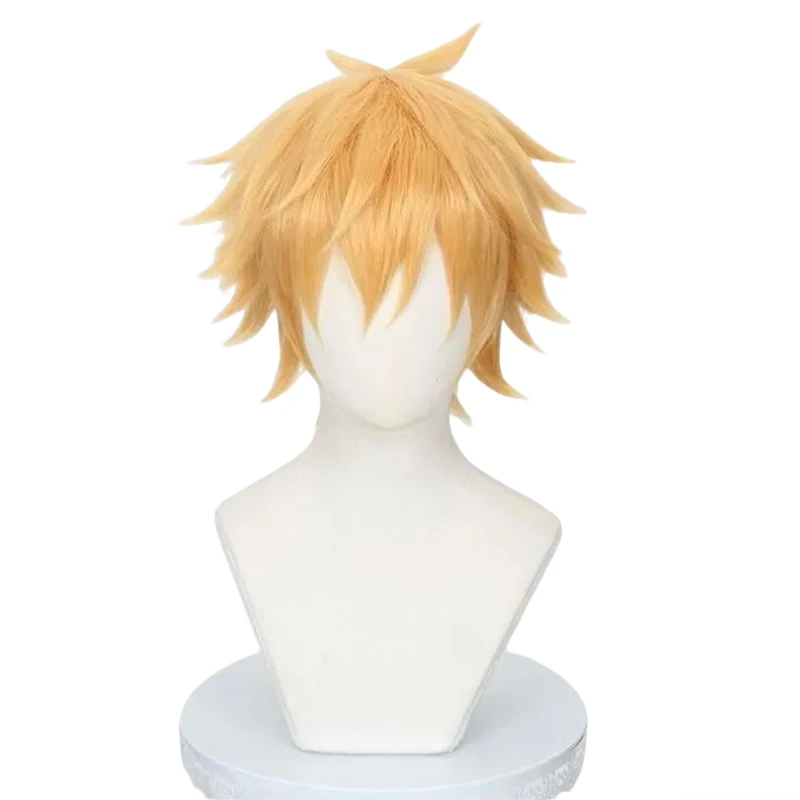 أنيمي بالمنشار دينجي شعر مستعار تأثيري الرجال النساء الذهبي الشعر القصير مقاومة للحرارة شعر مستعار اصطناعي هالوين الدعامة الطرف