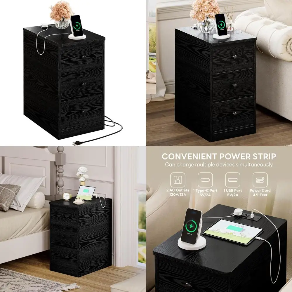

Modern Charging Nightstand: 3-Drawer Narrow Side Table with USB & Outlets for Bedroom/Living Room