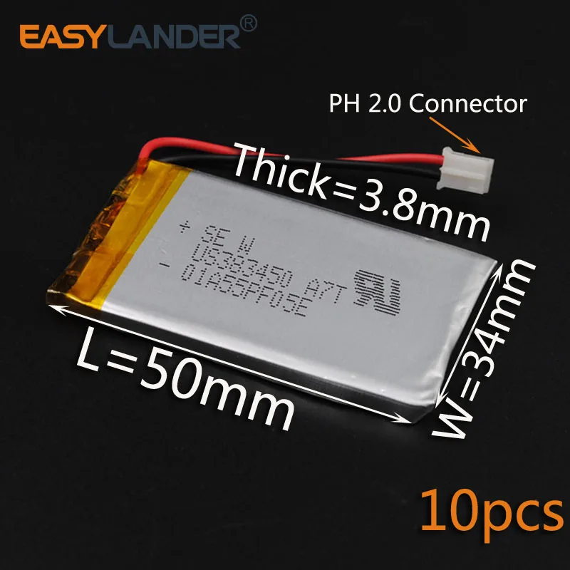 

10pcs 3.7V 650mAh 383450 Polymer Li-ion Battery For Mp3 Mp4 PAD DVD DIY E-book bluetooth Vedio Game toys Tablet PC Power bank